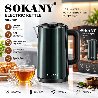Picture of SOKANY SK-09018 Cordless Stainless Steel Electric 2000W Kettle 3.0 Liter Capacity Easy Pouring Spout Kettle Overheating Protection Electric Kettle-Lake Blue