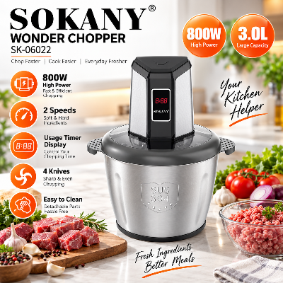 Picture of Sokany SK-06022 Chopper Machine 3 Liter Multifunction Electric Meat Grinder Meat Chopper 2 Speeds with Usage Timer Display-Silver