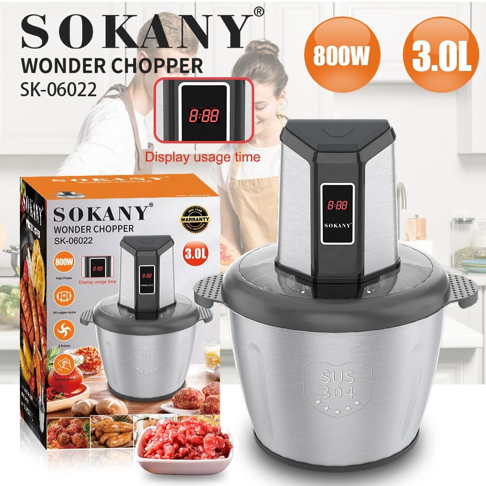 Picture of Sokany SK-06022 Chopper Machine 3 Liter Multifunction Electric Meat Grinder Meat Chopper 2 Speeds with Usage Timer Display-Silver