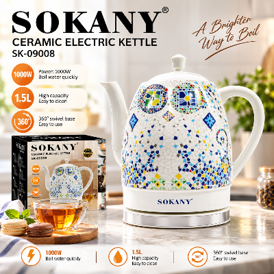 Picture of SOKANY SK-09008 Porcelain Ceramic Body Aesthetic Design Electric Kettle with 1.5 Liter Capacity and Cordless Design-White