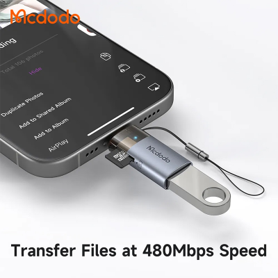 Picture of 2-in-1 USB-A to Lightning Transfer Adapter Built-in TF Card Reader with Lanyard Dark Grey