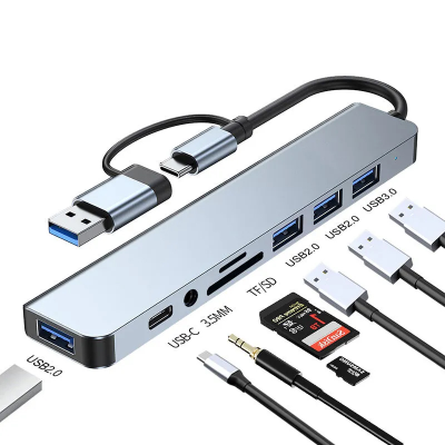 Picture of 8 in 2 USB C Hub Multiport Adapter Dual Interface USB a USB C Hub With 3.5mm Audio TF SD Card Reader for Laptop PC Grey Black