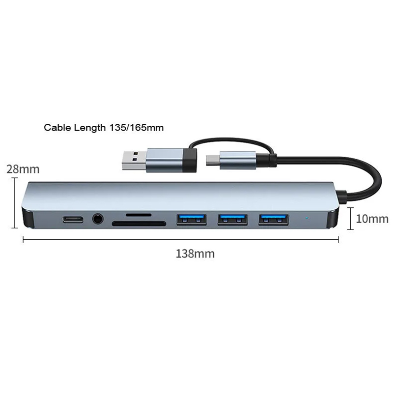 Picture of 8 in 2 USB C Hub Multiport Adapter Dual Interface USB a USB C Hub With 3.5mm Audio TF SD Card Reader for Laptop PC Grey Black