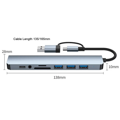Picture of 8 in 2 USB C Hub Multiport Adapter Dual Interface USB a USB C Hub With 3.5mm Audio TF SD Card Reader for Laptop PC Grey Black