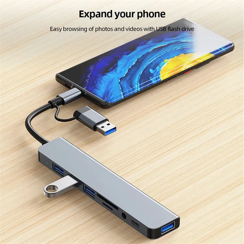 Picture of 8 in 2 USB C Hub Multiport Adapter Dual Interface USB a USB C Hub With 3.5mm Audio TF SD Card Reader for Laptop PC Grey Black