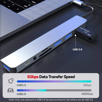 Picture of 8 in 2 USB C Hub Multiport Adapter Dual Interface USB a USB C Hub With 3.5mm Audio TF SD Card Reader for Laptop PC Grey Black