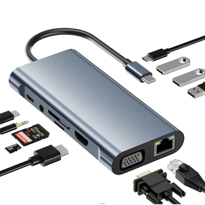 Picture of 11-in-1 Type-C to HDMI (4K@30Hz)+VGA+3.5mm Audio+RJ45(100Mbps)+USB3.0*1+USB2.0*3+SD/TF+100W PD Grey
