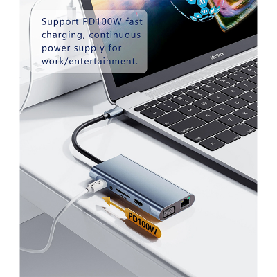 Picture of 11-in-1 Type-C to HDMI (4K@30Hz)+VGA+3.5mm Audio+RJ45(100Mbps)+USB3.0*1+USB2.0*3+SD/TF+100W PD Grey