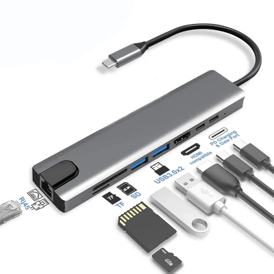 Picture of 8 in 1 USB 3.0 Hub for Laptop Adapter PC PD Charge 8 Ports Dock Station RJ45 HD-Compatible TF/SD Card Macbook Type-C Splitter Grey