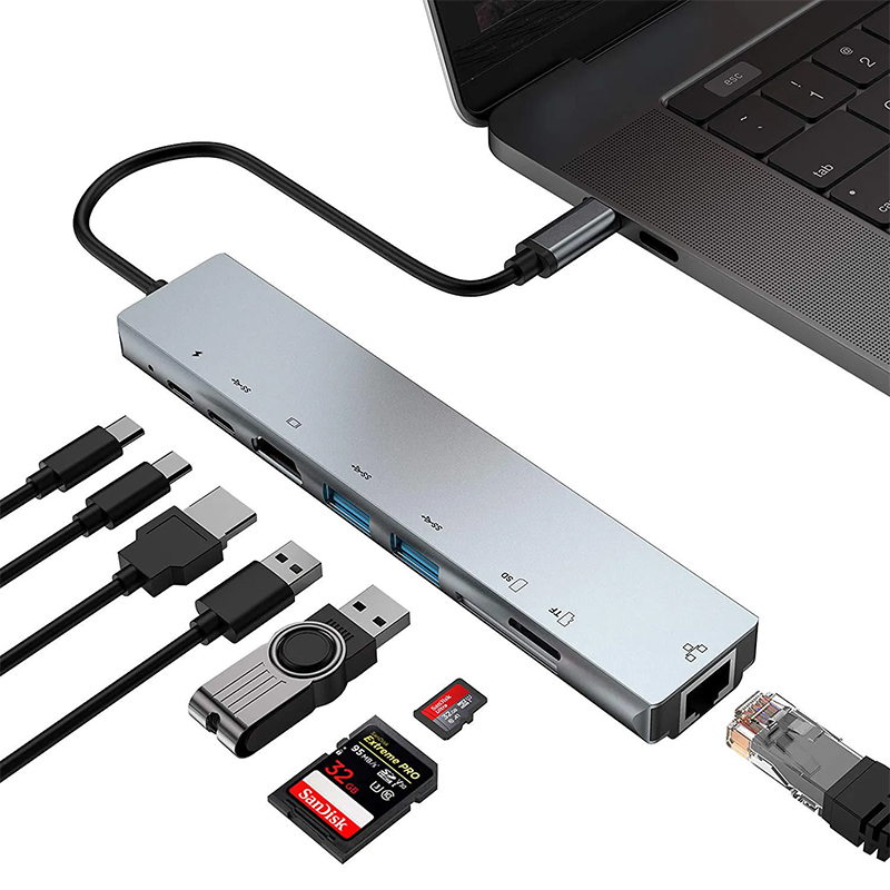 Picture of 8 in 1 USB 3.0 Hub for Laptop Adapter PC PD Charge 8 Ports Dock Station RJ45 HD-Compatible TF/SD Card Macbook Type-C Splitter Grey
