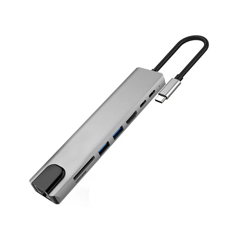 Picture of 8 in 1 USB 3.0 Hub for Laptop Adapter PC PD Charge 8 Ports Dock Station RJ45 HD-Compatible TF/SD Card Macbook Type-C Splitter Grey