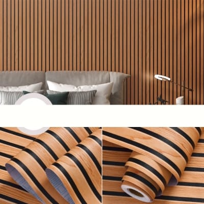Picture of 3D Wood Slat Wallpaper Peel & Stick – Waterproof PVC Acoustic Panel Design Self-Adhesive Wall Sticker (10m Length x  45cm Width) 