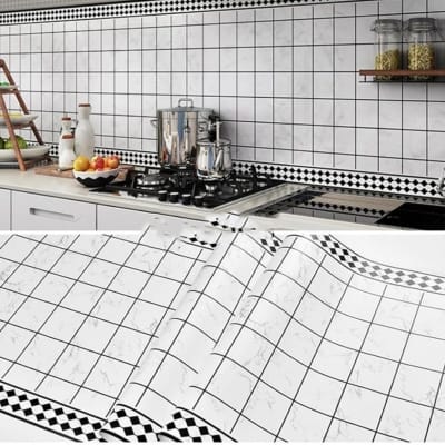 Picture of Peel and Stick Wallpaper 79x30 inch Self Adhesive Grid Wallpaper White Tile Wallpaper Stick and Peel Waterproof Removable Wallpaper for Kitchen Wall Background Living Room Multicolor