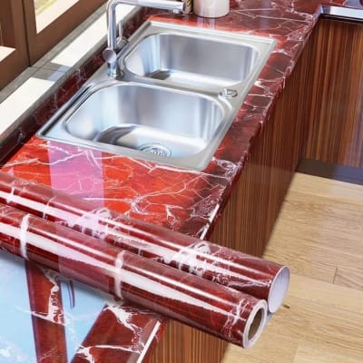 Picture of Peel and Stick Red Marble Contact Paper for Bathroom Kitchen Countertop Table Desk Wall Desk Furniture Sticker 24X79 Inches 