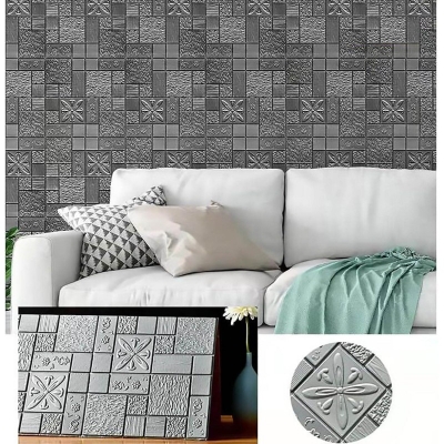 Picture of 4 Pieces 3D Texture Self-Adhesive Wallpaper, 3D XPE Foam Wall Panels, Peel and Stick Brick Wall Stickers, Waterproof and DIY Easy to Cut,Gray Multicolor