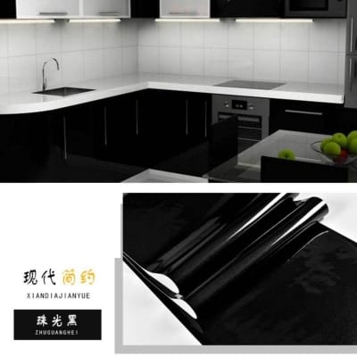 Picture of 2M - Black Self-adhesive Wallpaper, Solid Color Glossy Film Wallpaper, Waterproof Washable Peel And Stick Contact Paper, Backdrop Appliances Furniture 
