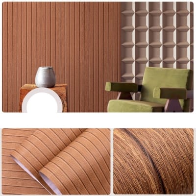 Picture of 3D Wood Slat Wallpaper Peel & Stick – Waterproof PVC Acoustic Panel Design Self-Adhesive Wall Sticker (10m Length x  45cm Width) 