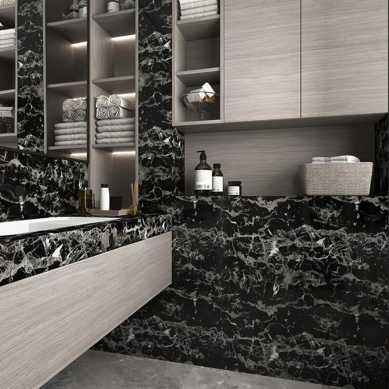 Picture of Caltero Black Marble Contact Paper Marble Wallpaper 48" x 24" Granite Wallpaper Peel and Stick Countertop Contact Paper for Furniture Backsplash Cabinets Multicolor