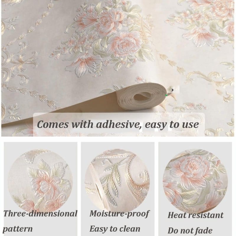 Picture of European Pastoral Self-Adhesive Wallpaper Roll – Non-Woven 3D Wall Sticker for Bedroom/Living Room – Waterproof Contact Paper – 53×300cm  Beige/Blue/Pink/White 