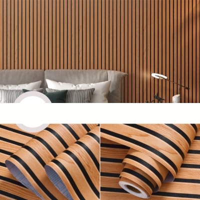 Picture of 3D Wood Slat Wallpaper Peel & Stick – Waterproof PVC Acoustic Panel Design Self-Adhesive Wall Sticker (5m Length x  45cm Width) 