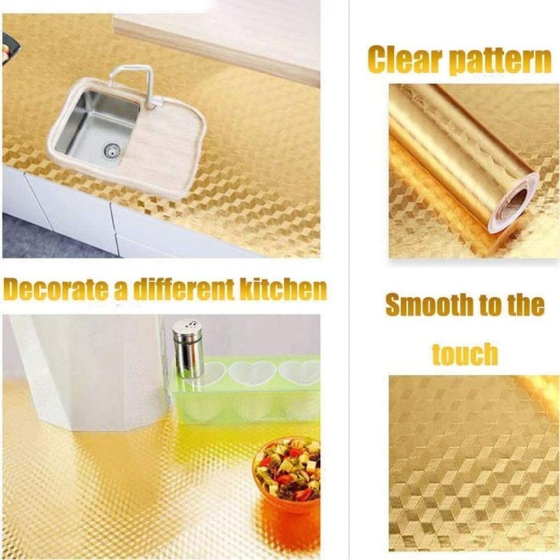 Picture of Kitchen Stickers Oil Proof Wall Sticker-Rewup Aluminum Foil Rust Resistant Self Adhesive Contact Paper for Home Waterproof Self-Adhesive Easy to Clean 60 cm x 300 cm (Golden 3D Stickers) Multicolor