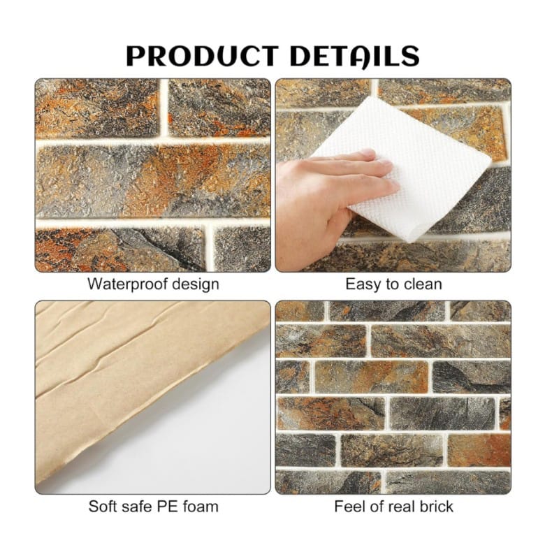 Picture of 4 Pieces - 3D Peel and Stick Wall Panels 27.5 x 27.5 Inch Faux Brick Wallpaper 10 Pieces Self Adhesive Waterproof for Bedroom Bathroom Kitchen, Grayish Brown Multicolor