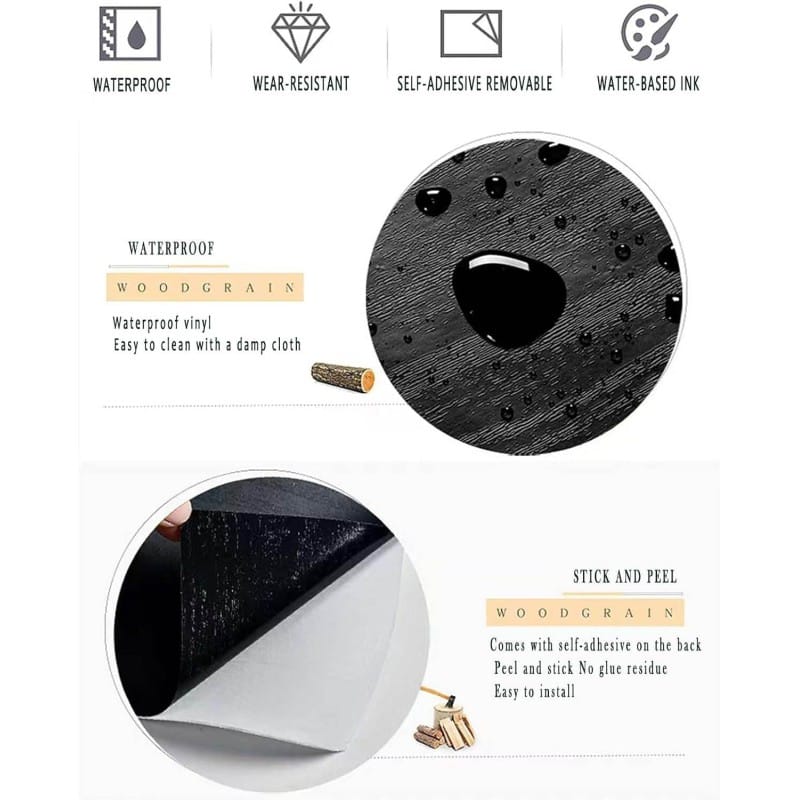 Picture of 2mx60cm Black Wood Peel and Stick Wallpaper , 6.6 Ft. x 2 Ft. Removable Wood Contact Paper, Removable Contact Paper for Countertops, Decorative Waterproof Vinyl Roll Black