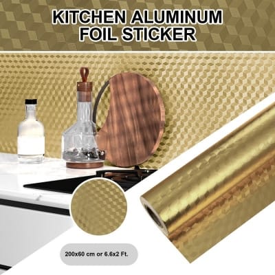 Picture of Kitchen Stickers Oil Proof Wall Sticker-Rewup Aluminum Foil Rust Resistant Self Adhesive Contact Paper for Home Waterproof Self-Adhesive Easy to Clean 60 cm x 300 cm (Golden 3D Stickers) Multicolor