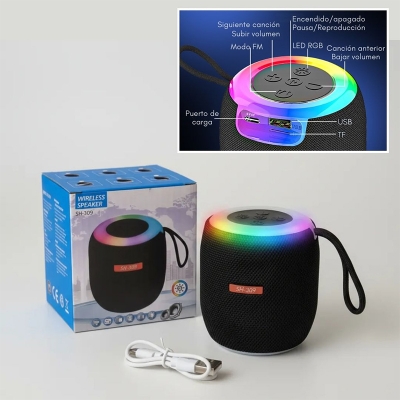 Picture of SH-309 Mini Wireless Mini Handsfree Outdoor Portable Fabric Subwoofer Sound System Speaker with Colorful RGB Night Light-black