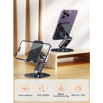 Picture of BY-556 Fully Adjustable Foldable Alloy Desktop Phone Holder Adjustable Angle Height 360 Degree Rotating Cradle Dock Mobile Stand Compatible With All Mobile/Tablet Devices Under-Black