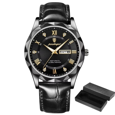 Picture of POEDAGAR Luxury Business Man Wristwatch: Waterproof, Luminous, Date Week Display, Quartz Leather Men's Watch-Black