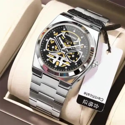 Picture of BINBOND B880 Brand Luxury Man Wristwatch Waterproof Luminous Skeleton Hollow Men Watches Stainless Steel Quartz Men's Watch Male-Black