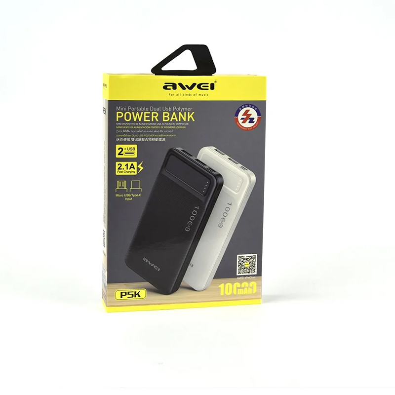 Picture of Awei P5k 10000mAh Portable Power Bank For Work Travel Samsung Huawei Xiaomi Vivo Oppo Mobile Phone Universal Dual USB Fast Charge Power Bank-Black