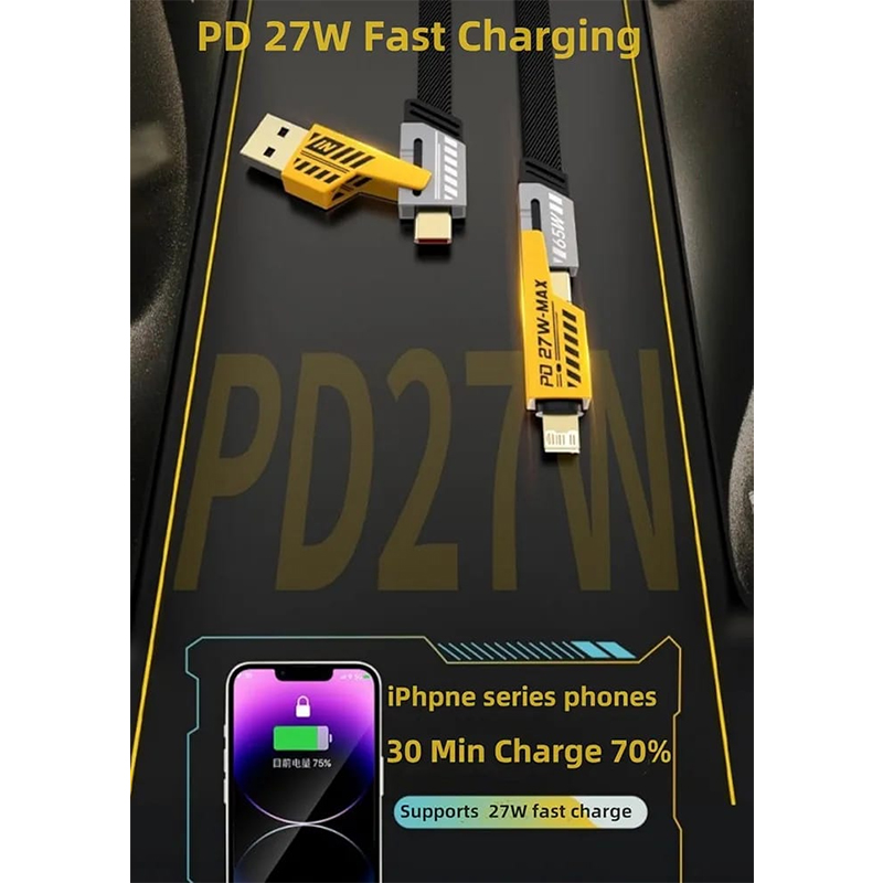 Picture of 4 in 1 Convertible USB Fast Charging Cable 1M, 65W Nylon Braided USB C Charger Cable，Multiple Charge Cable for iPhone 15/14/13/iPad/MacBook Pro/Airpods/Android Phone-black