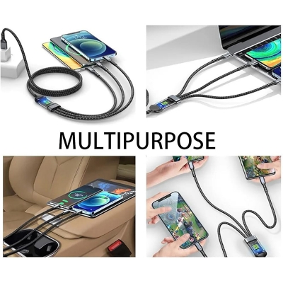Picture of 100W/6.1A Fast Charging Usb 3.0 Cable 4 Ft / 1.2M To 3-In-1 Long Charging Cord With Type C + Micro Usb + Connector 480 Mbps Data Transfer For Laptop, Tablets, Smartphones-Black