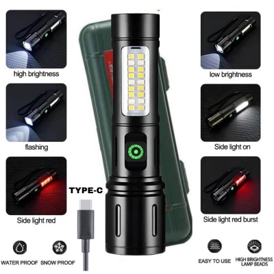 Picture of JOYKALY YG-031 Metal Body Rechargeable 6 Modes Telescopic Zoomable Lithium Battery Dual Light Torch-Black