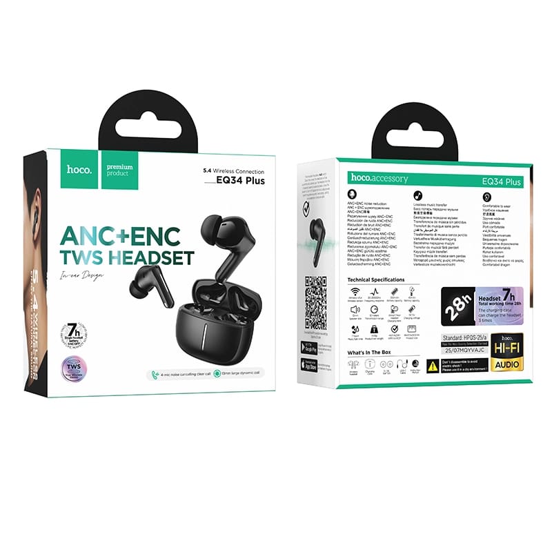 Picture of Hoco EQ34 Plus True Wireless ANC+ENC Bluetooth Earbuds - Dual Noise Cancelling TWS Headphone, Bluetooth 5.4, App Control, 7H Playback