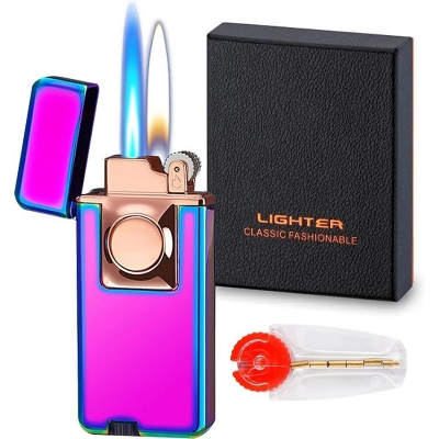 Picture of Switchable Double Fire Gas Lighter Metal Jet Blue Flame And Open Fire Inflatable Butane Cigarette Lighter For Man Christmas Gift 