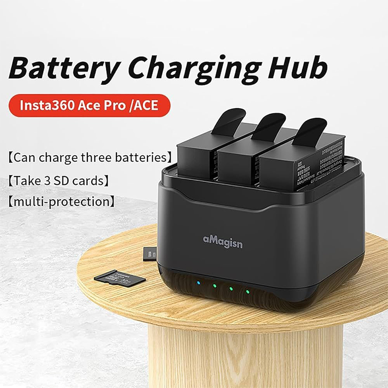 Picture of Magisn AC21 Battery Charger with 3 Battery Channels Charging Box with USB Port and 2 Card lots Compatible with Insta 360 Ace Pro/Ace Black