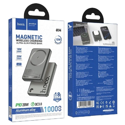 Picture of HOCO | Q34 Clever Magnetic Wireless Power Bank | 10000mAh | 20W PD Type-C & 15W MagSafe | LED Digital Display | Aluminum Alloy Slim Design | Portable Mobile Charger for iPhone & Android Black