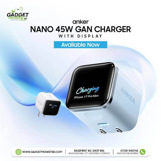 Picture of Anker Nano 45W USB-C GaN Charger A121D – Fast Charging Wall Charger with Smart Display, Foldable Plug, Care Mode & Smart iPhone Recognition for iPhone 17/16/15, iPad, AirPods & More