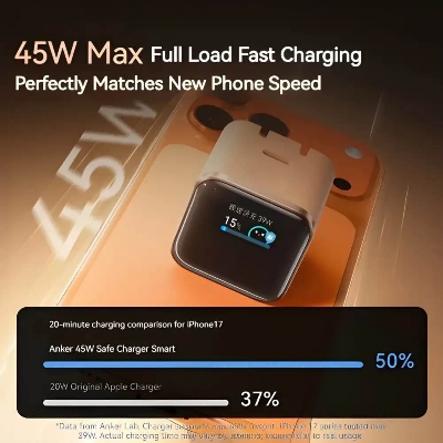 Picture of Anker Nano 45W USB-C GaN Charger A121D – Fast Charging Wall Charger with Smart Display, Foldable Plug, Care Mode & Smart iPhone Recognition for iPhone 17/16/15, iPad, AirPods & More
