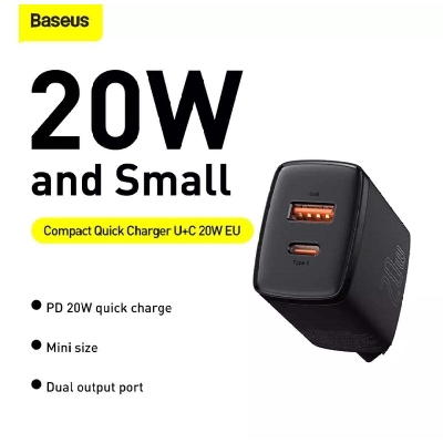 Picture of Baseus 20w Usb Charger Holder Type C Pd Quick Charging Dual Port Usb Portable Phone Charger-Black