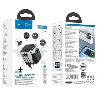 Picture of HOCO AC5 2USB + 1 Socket Universal Charger Adapter-Black