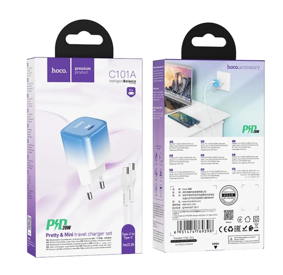 Picture of Hoco C101A PD 20W Fast Charger Adapter With Type C To Type C Cable-White