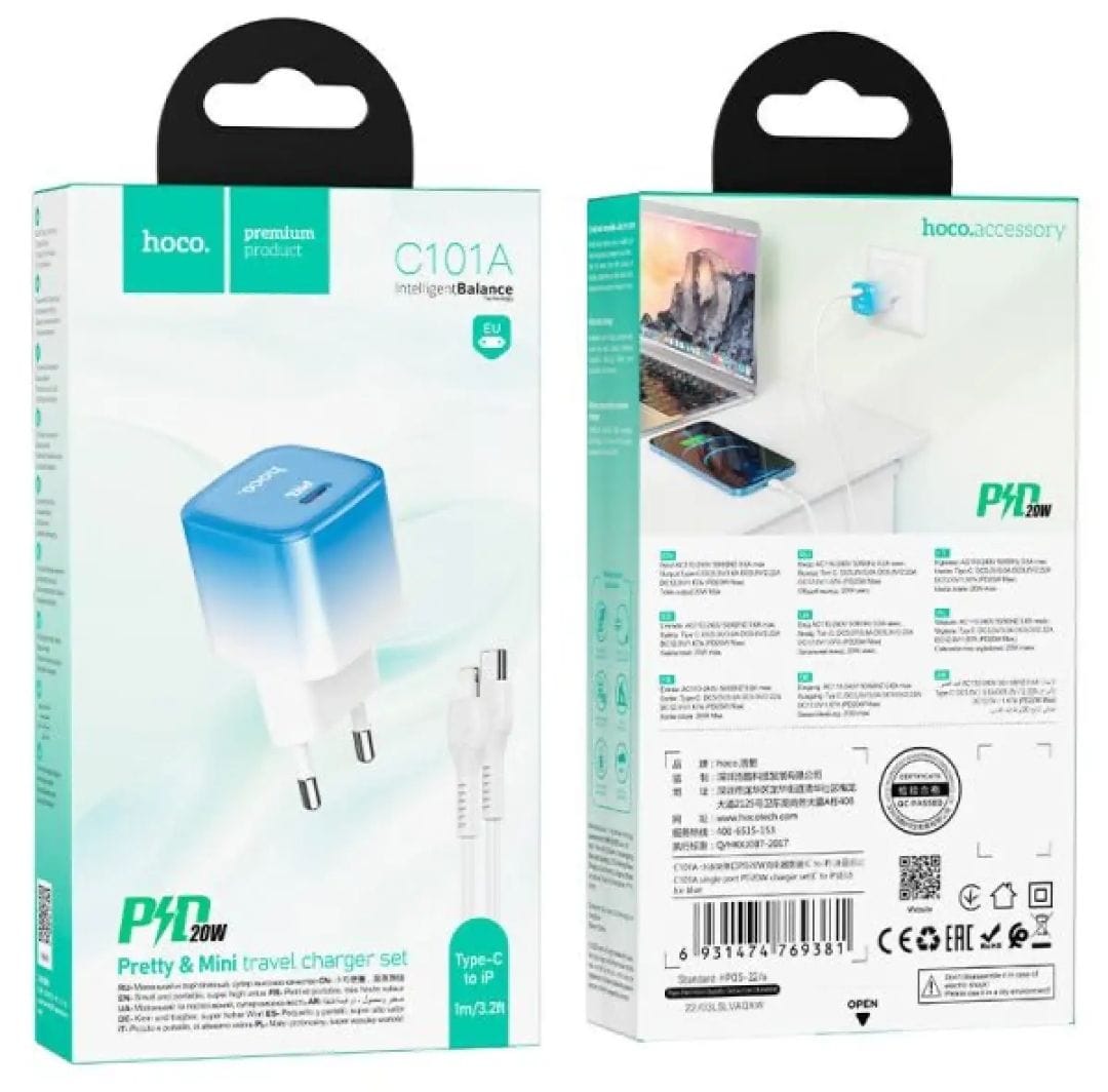 Picture of Hoco C101A PD 20W Fast Charger Adapter With Type C To Lightning Cable-White