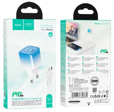 Picture of Hoco C101A PD 20W Fast Charger Adapter With Type C To Lightning Cable-White
