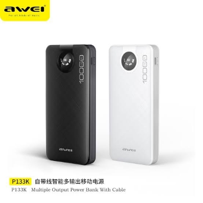 Picture of Awei P133K 10000mAh Fast-Fill Power Bank with 4 Self-Contained Cables-Black