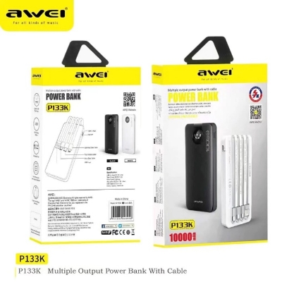 Picture of Awei P133K 10000mAh Fast-Fill Power Bank with 4 Self-Contained Cables-Black