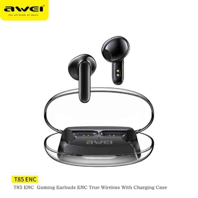 Picture of Awei T85 ENC Gaming Bluetooth Earbuds with Transparent Charging Case Long Life Battery-Black